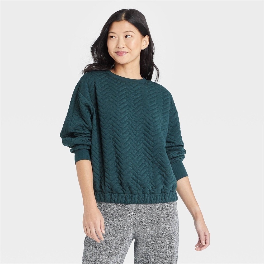 A New Day Quilted Teal Blue Green Pullover Sweatshirt, Size Medium